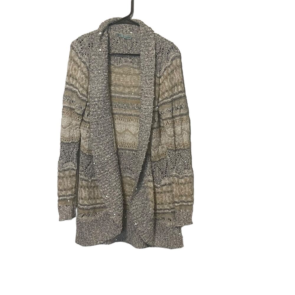Maurices Womens Size XL Knit Cream Gray Sequin Fairy Open Front Cardigan Sweater